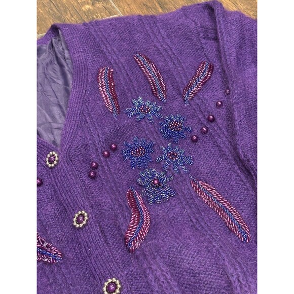 Vintage soft mohair blend Cardigan Sweater Lined Womens L purple beading floral - Picture 8 of 12